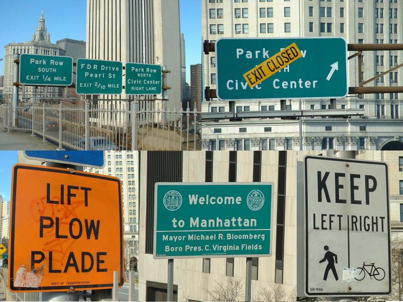 Signs on and from Brooklyn Bridge, New York City