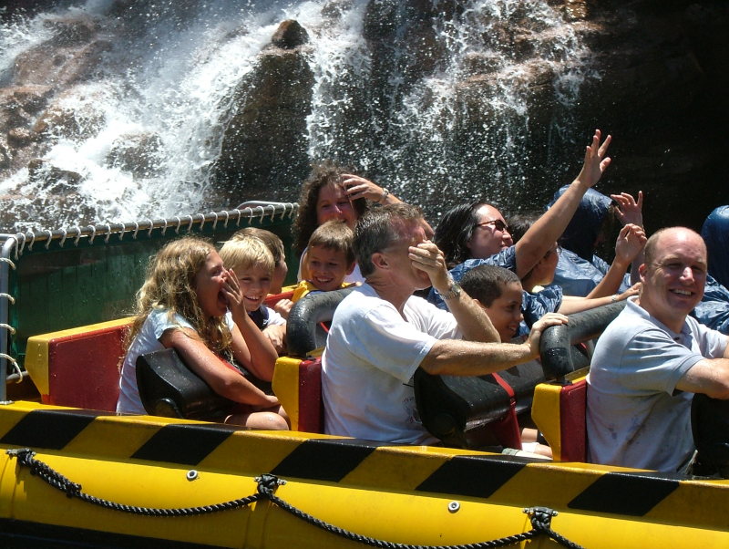 Stewart at the end of the Jurrasic Park Ride, Universal Studios, Hollywood, California