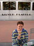 Jo with 'birthday sticker', eating an icecream at Disney's California Adventure